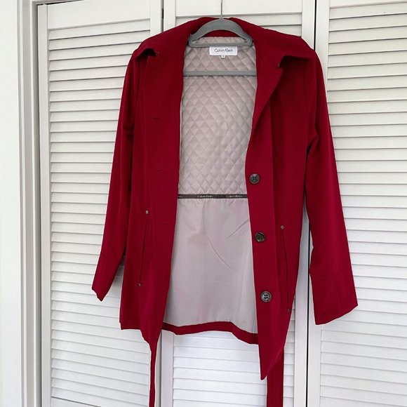 Calvin Klein Red Hooded Short Trench Coat - Picture 3 of 4